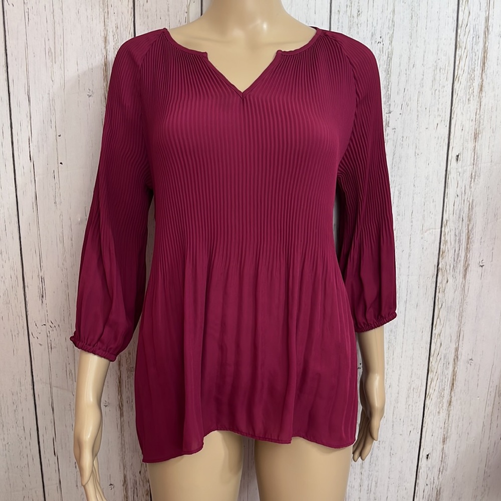 Pleione Anthropologie Plum Peplum 3/4 Sleeves Accordion Blouse Top